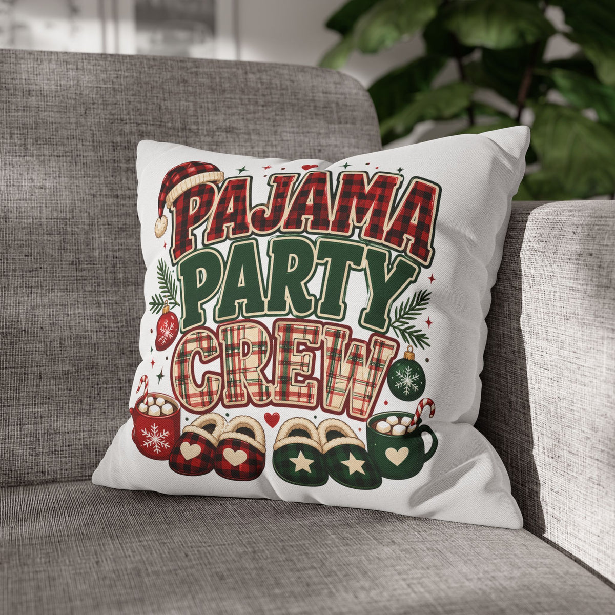 Christmas Pajama Party Crew Pillowcase — Christmas Holiday Decorative Throw Pillow Cover