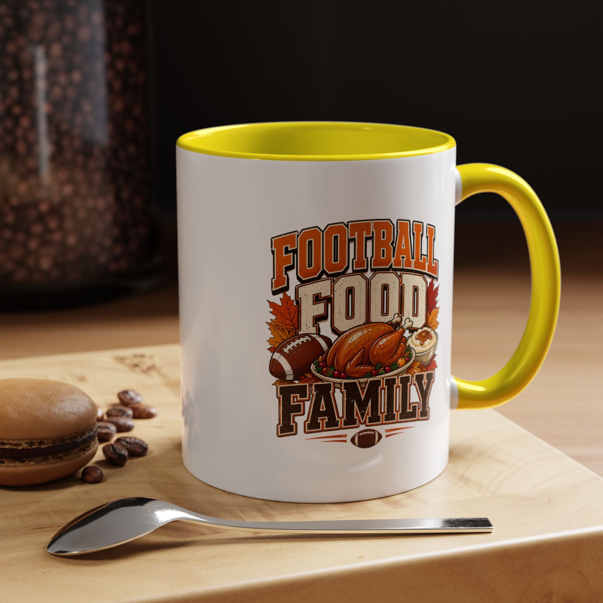 Thanksgiving Mug Football, Food & Family Coffee Mug — Thanksgiving Game Day Accent Mug