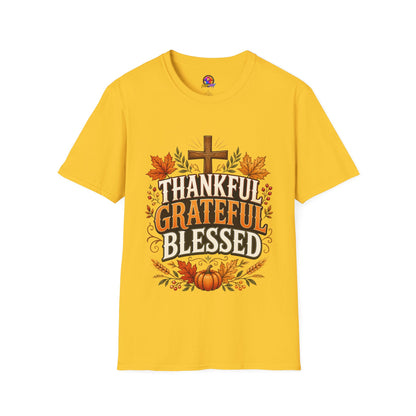 Thankful Grateful Blessed T-Shirt — Fall Thanksgiving Christian Tee