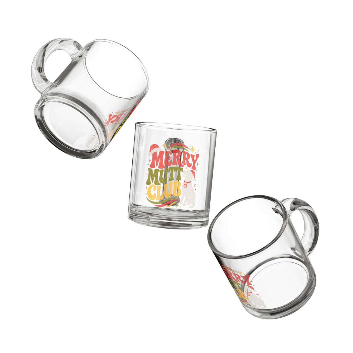 Modern Day Christmas Glass Mug  10oz Merry Mutt Club Glass Mug — 10oz Festive Dog Lover Coffee Cup