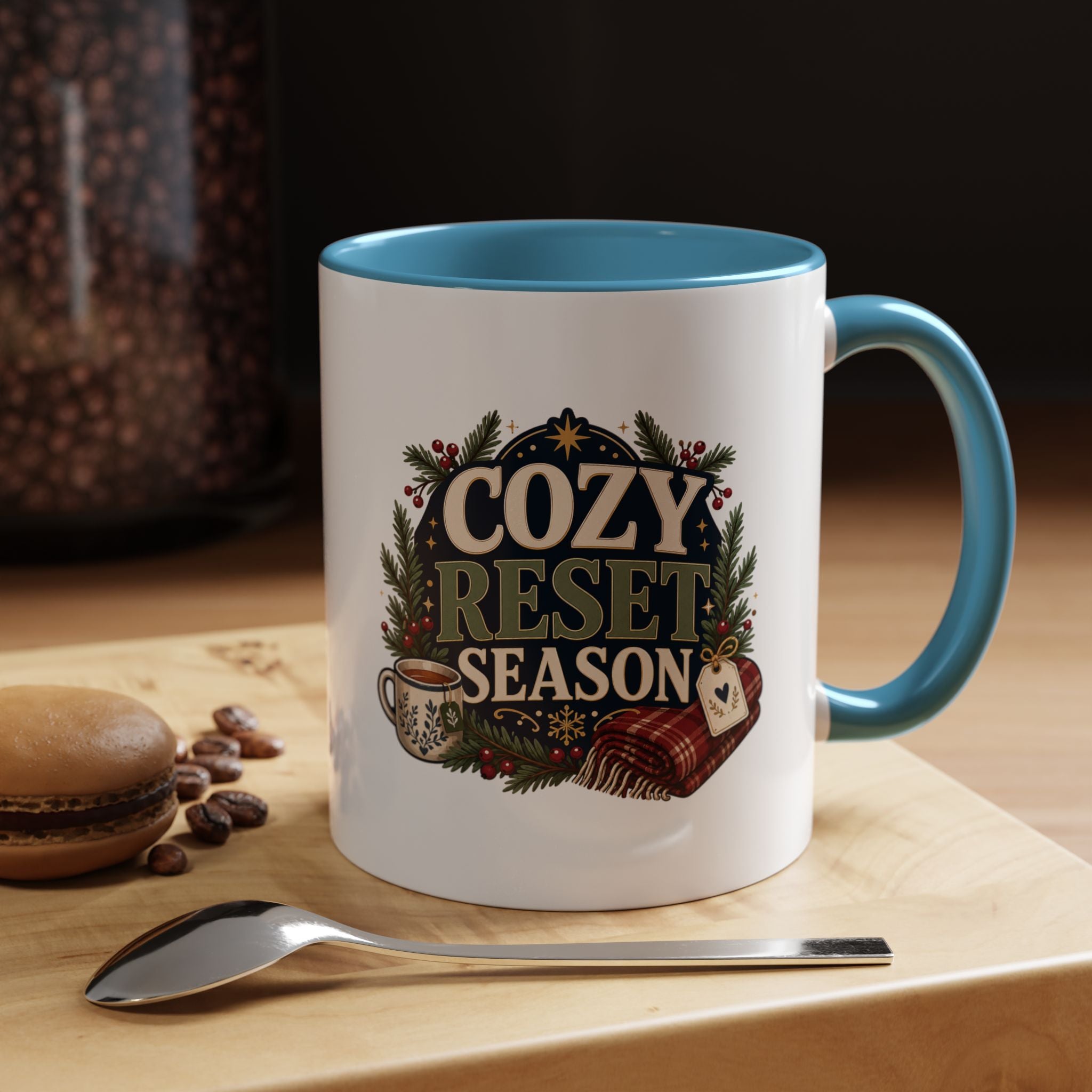 Modern Day Christmas Cozy Reset Season Mug — Holiday Coffee Cup with Blanket & Tea Tag Design