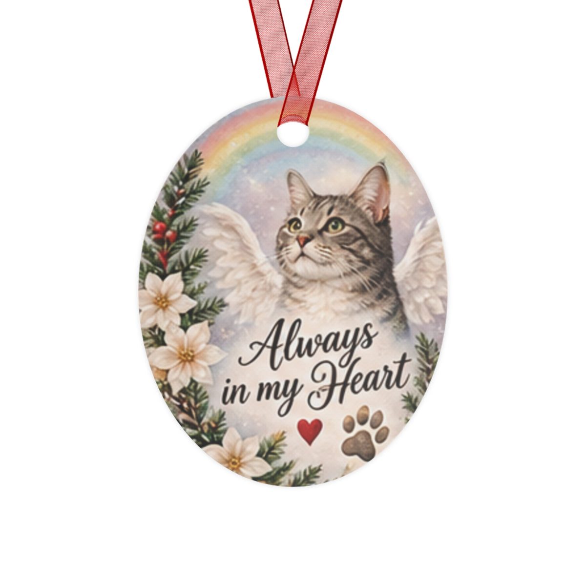 Cat Memorial Metal Ornament — "Always in My Heart" Angel Cat Christmas Keepsake