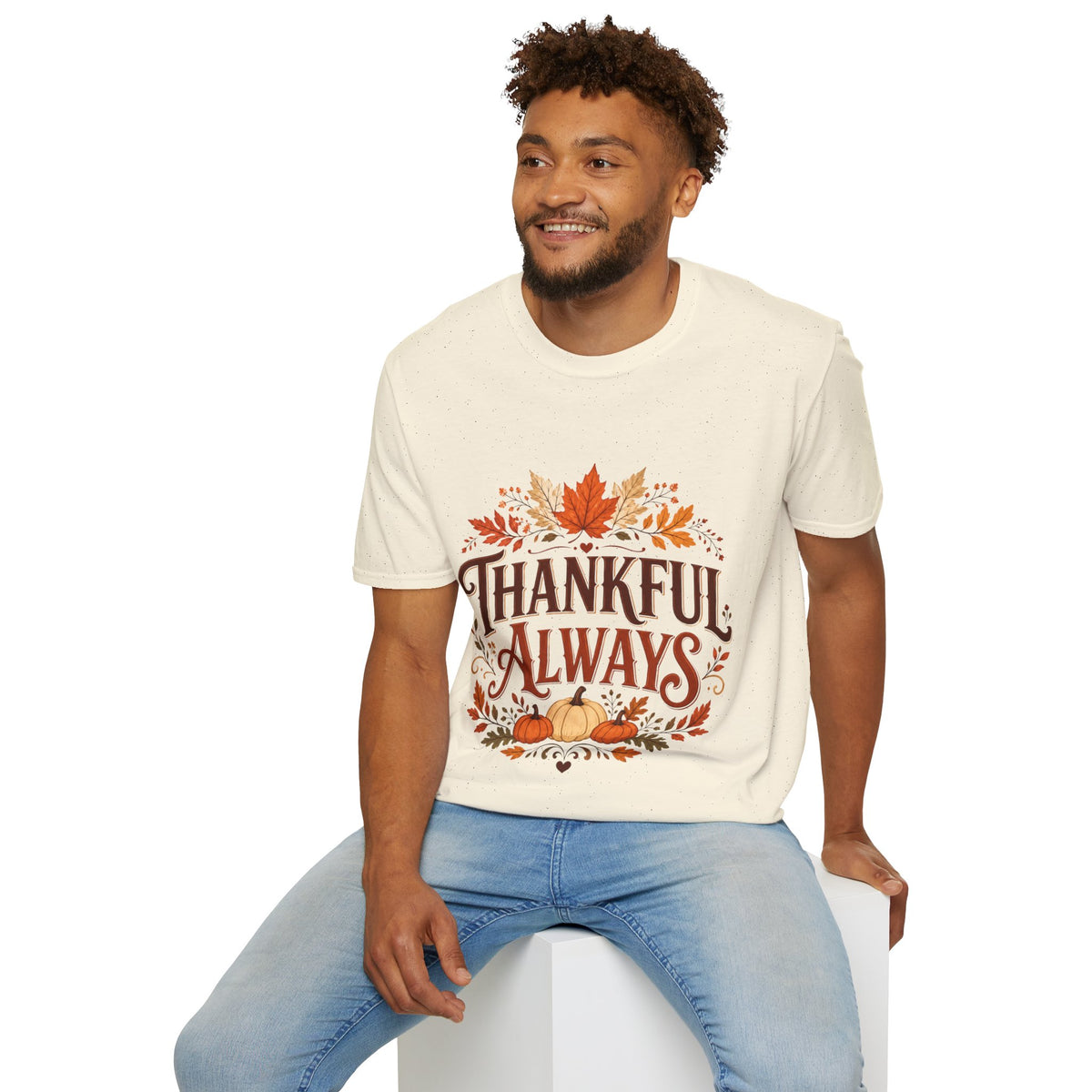 Thanksgiving T-Shirt Thankful Always T-Shirt — Autumn Leaves & Pumpkins Thanksgiving Tee