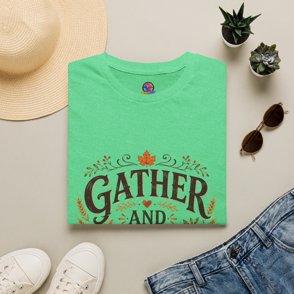 Thanksgiving T-Shirt Gather and Give Thanks T-Shirt — Thanksgiving Fall Holiday Tee