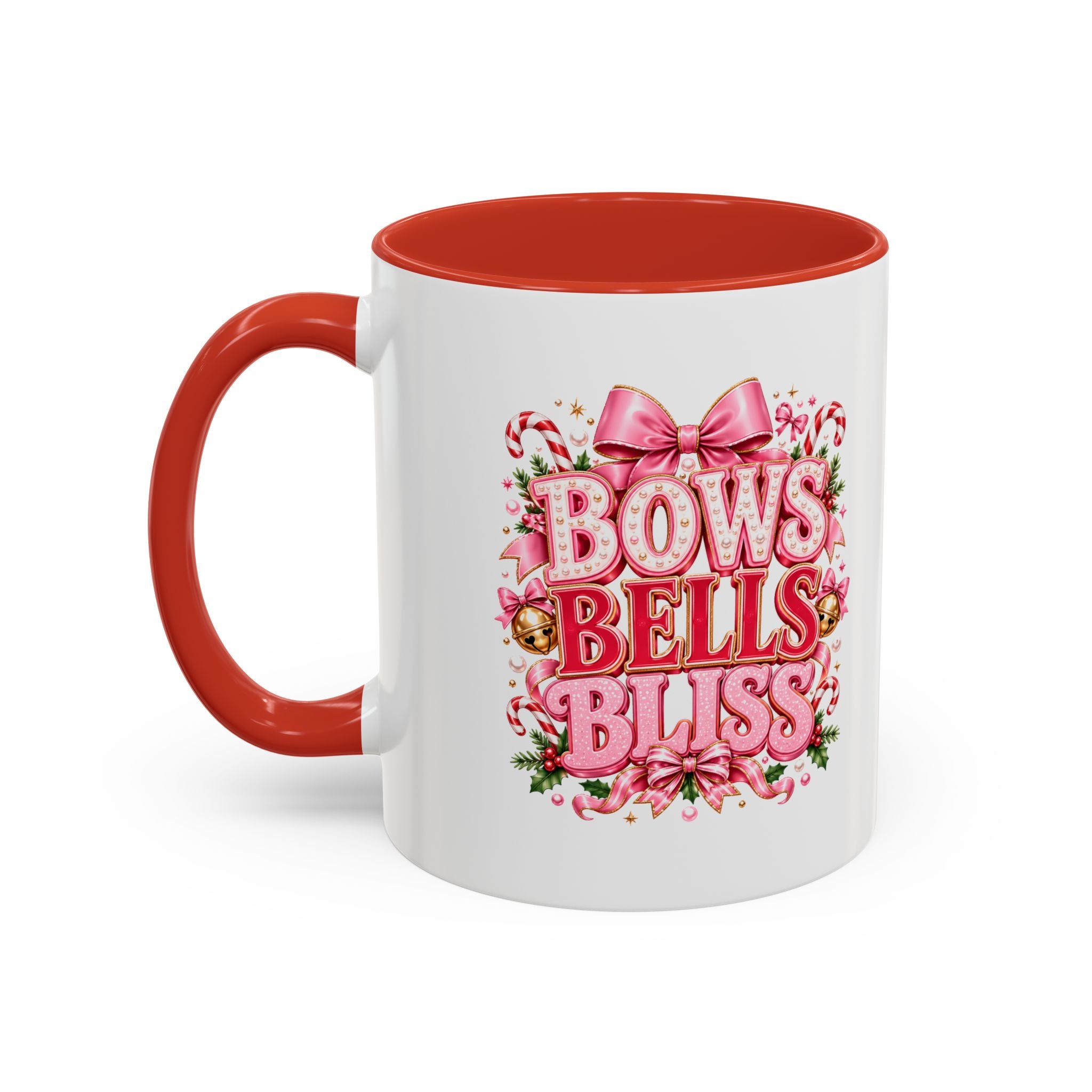 Modern Day Christmas Bows Bells Bliss Coffee Mug — Pink Holiday Accent Mug