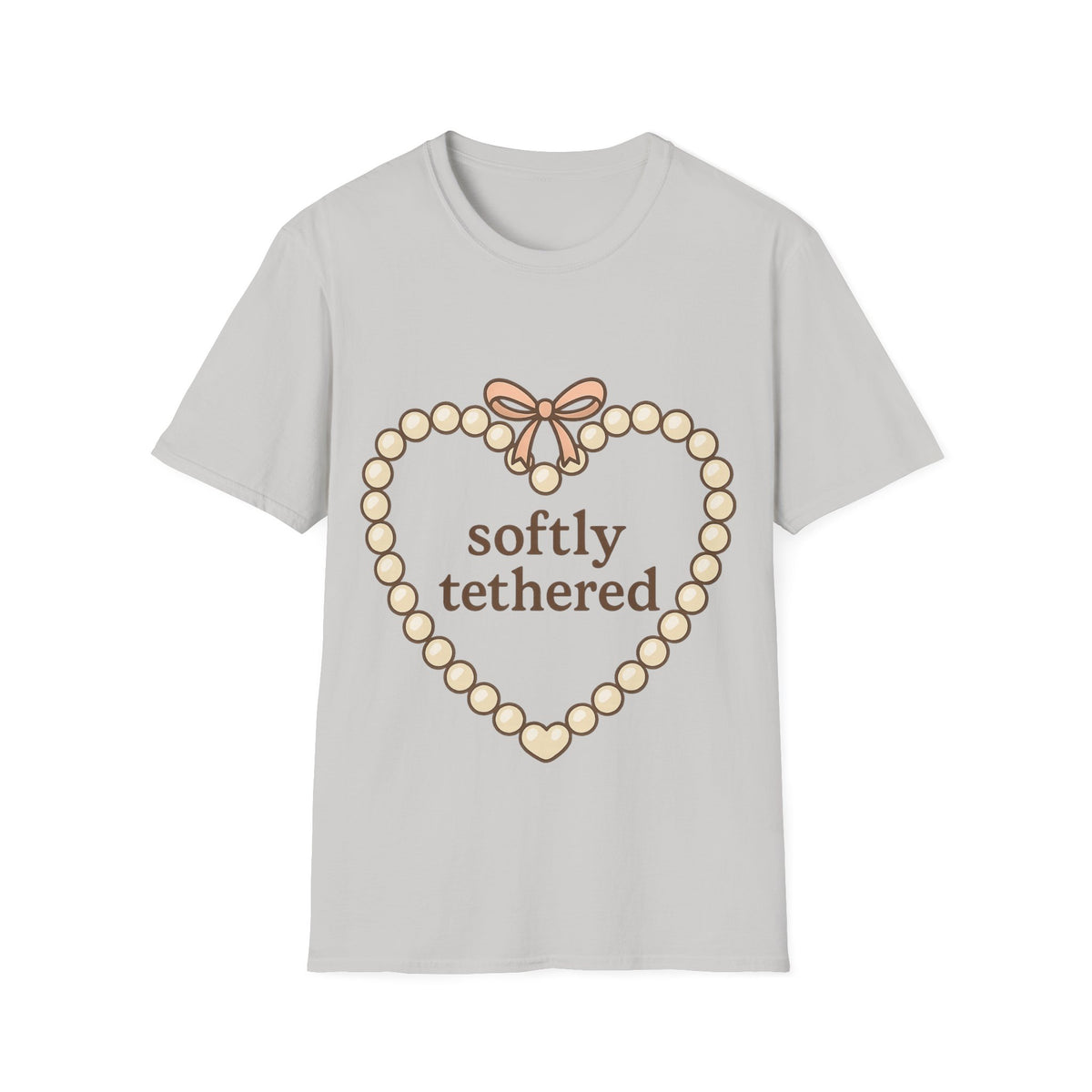 "Softly Tethered" Pearl Heart Ribbon Tee - Cute Coquette Bow Aesthetic White T-Shirt - Trending Now - September 2026