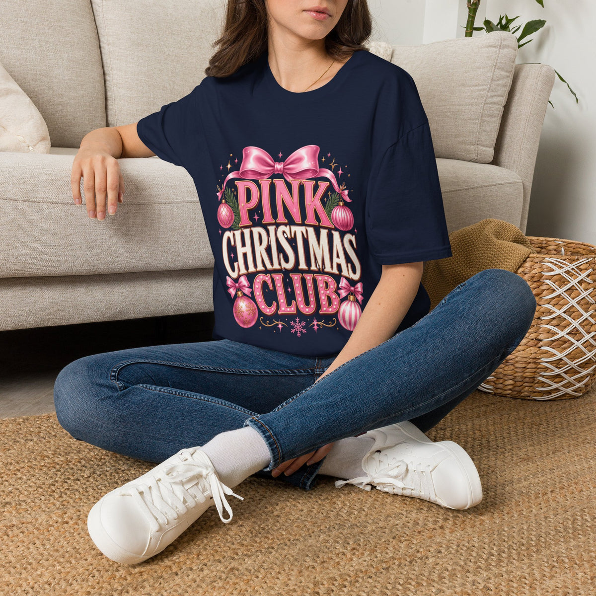 Pink Christmas Club T-Shirt — Womens Festive Holiday Tee with Bow & Ornaments