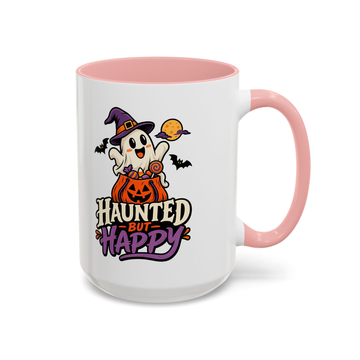 Haunted But Happy Coffee Mug — Halloween Ghost Pumpkin Accent Mug (11/15oz)