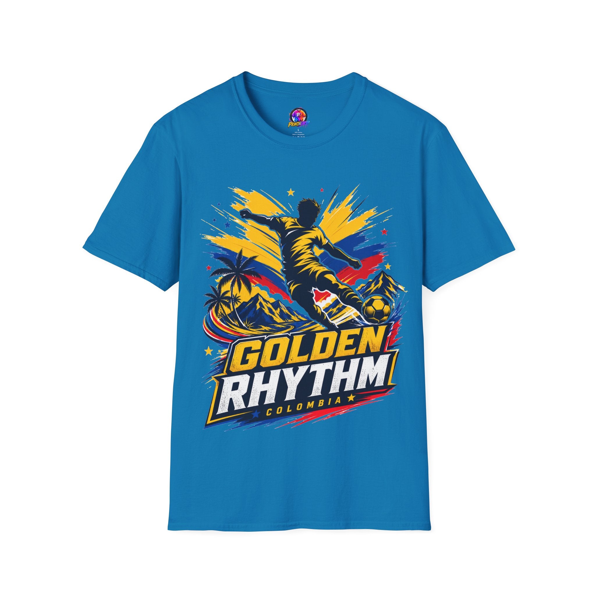 Columbia Soccer Player Graphic T-Shirt — "Golden Rhythm" Vibrant Beach Soccer Tee