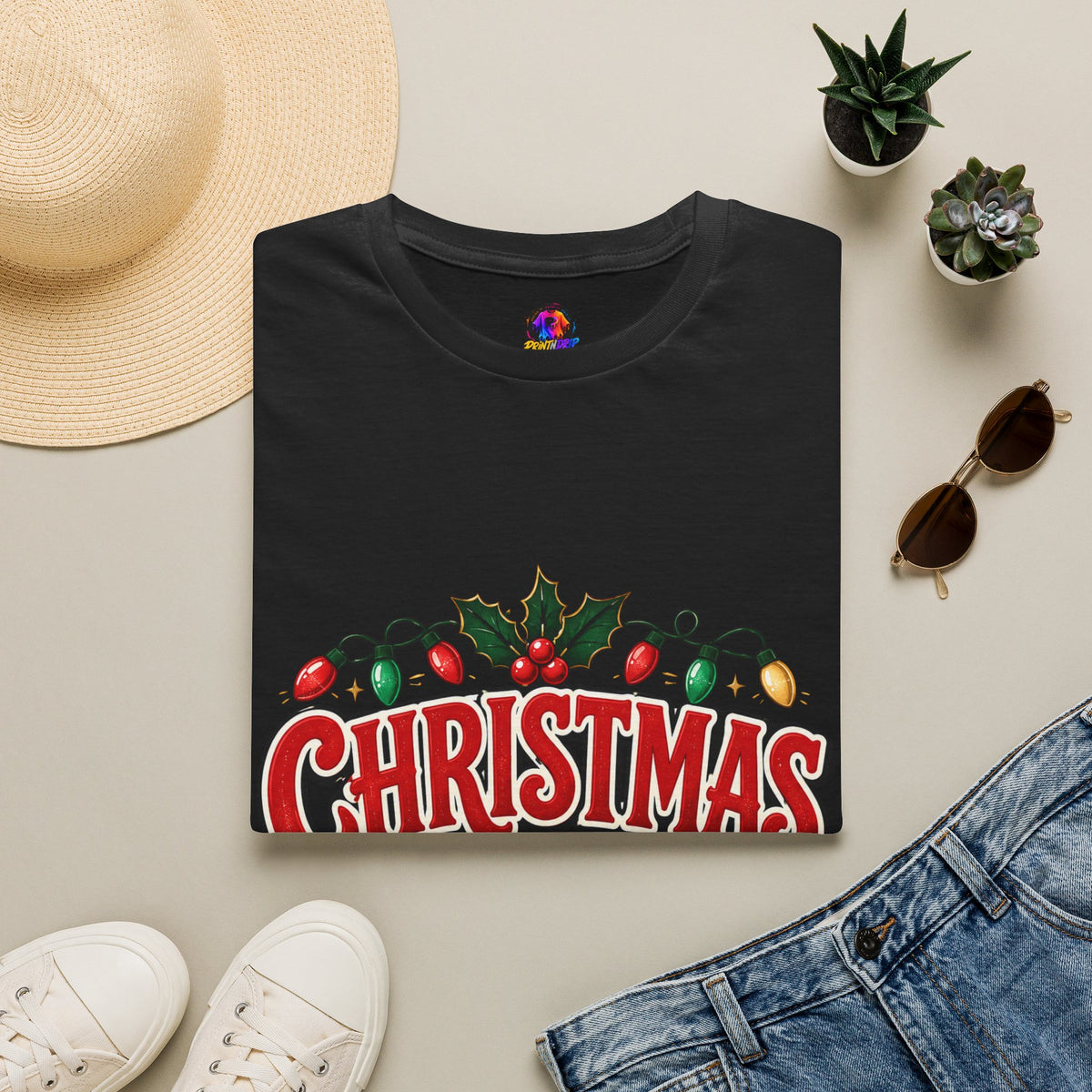Christmas Crew T-Shirt — Festive Holiday Graphic Tee with Lights & Holly