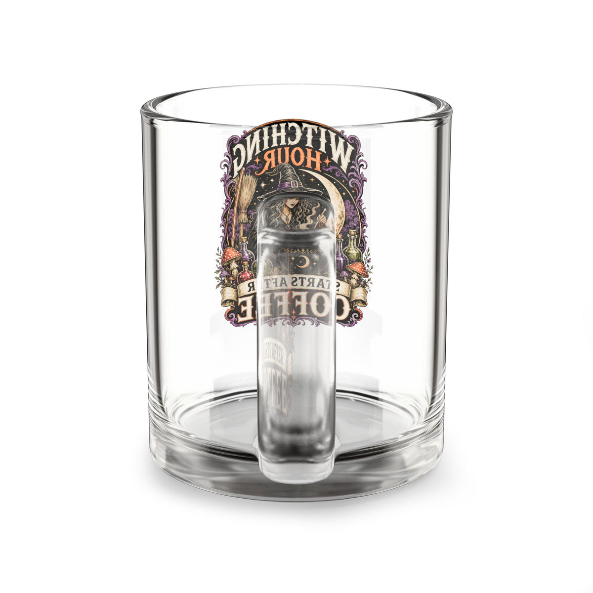 Halloween Glass Mug 10 oz  Glass Mug — "Witching Hour Starts After Coffee" Halloween Witch Coffee Cup