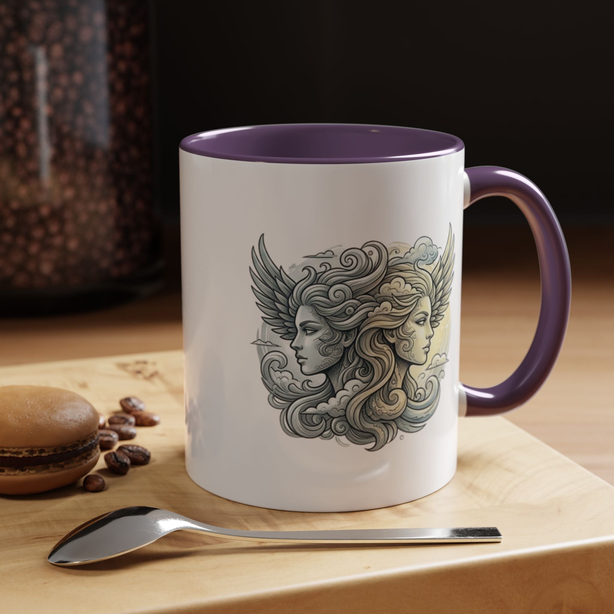 Gemini Twins Accent Coffee Mug — Sun & Moon Winged Faces Illustration