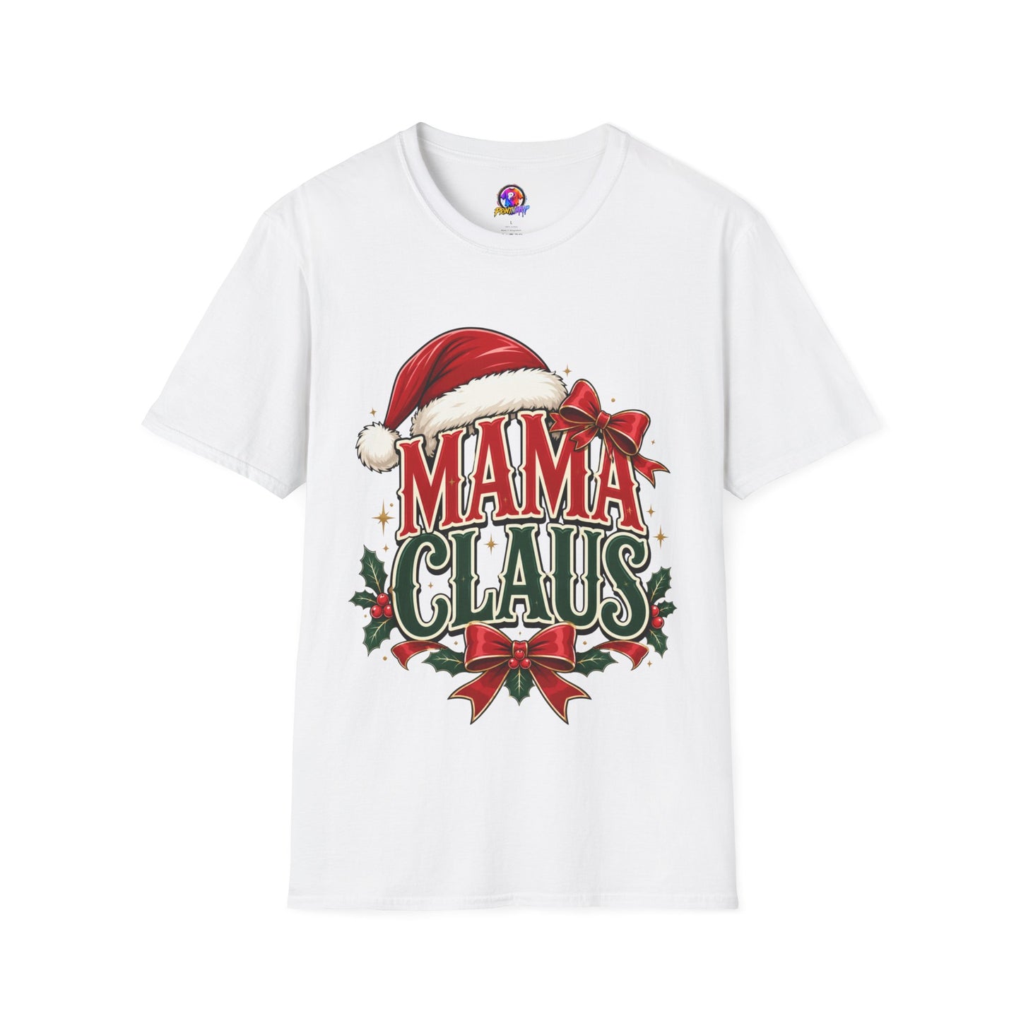 Mama Claus T-Shirt — Festive Christmas Mom Tee with Santa Hat & Bow