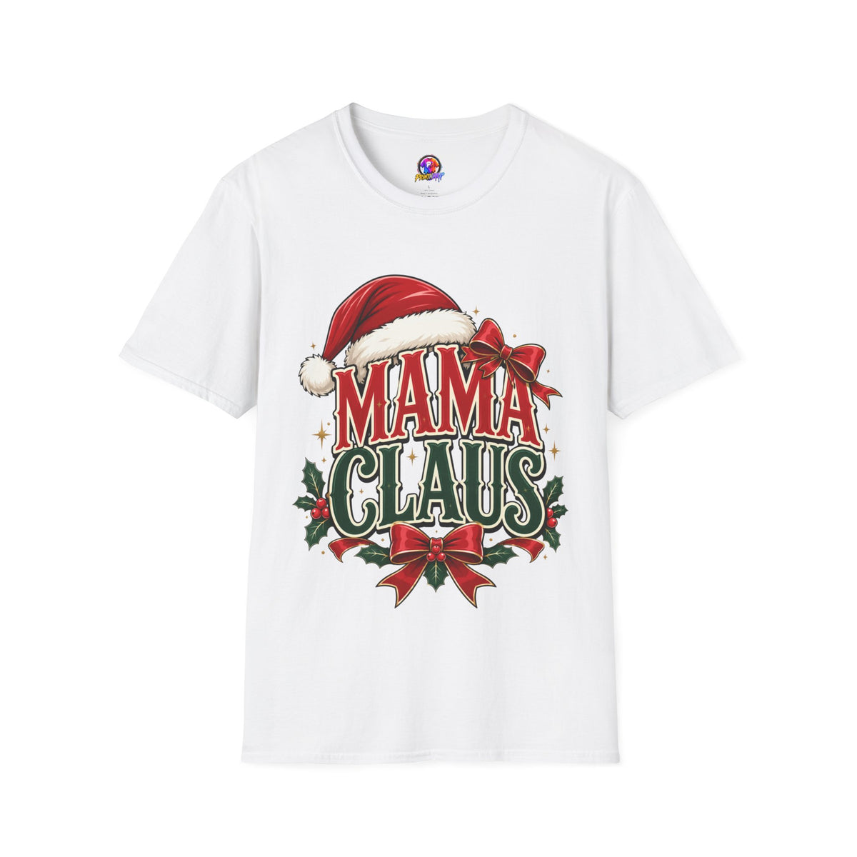 Mama Claus T-Shirt — Festive Christmas Mom Tee with Santa Hat & Bow