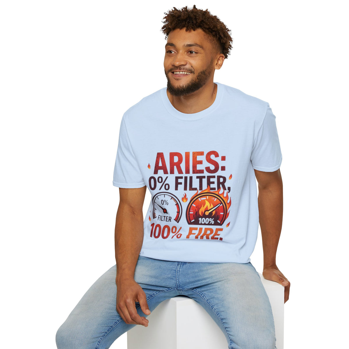 Aries T-Shirt — "Aries: 0% Filter, 100% Fire" Bold Zodiac Tee