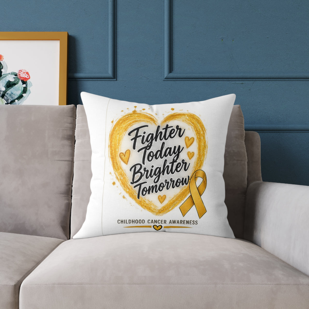 Childhood Cancer Awareness Pillow — "Fighter Today Brighter Tomorrow" Square Throw Pillow
