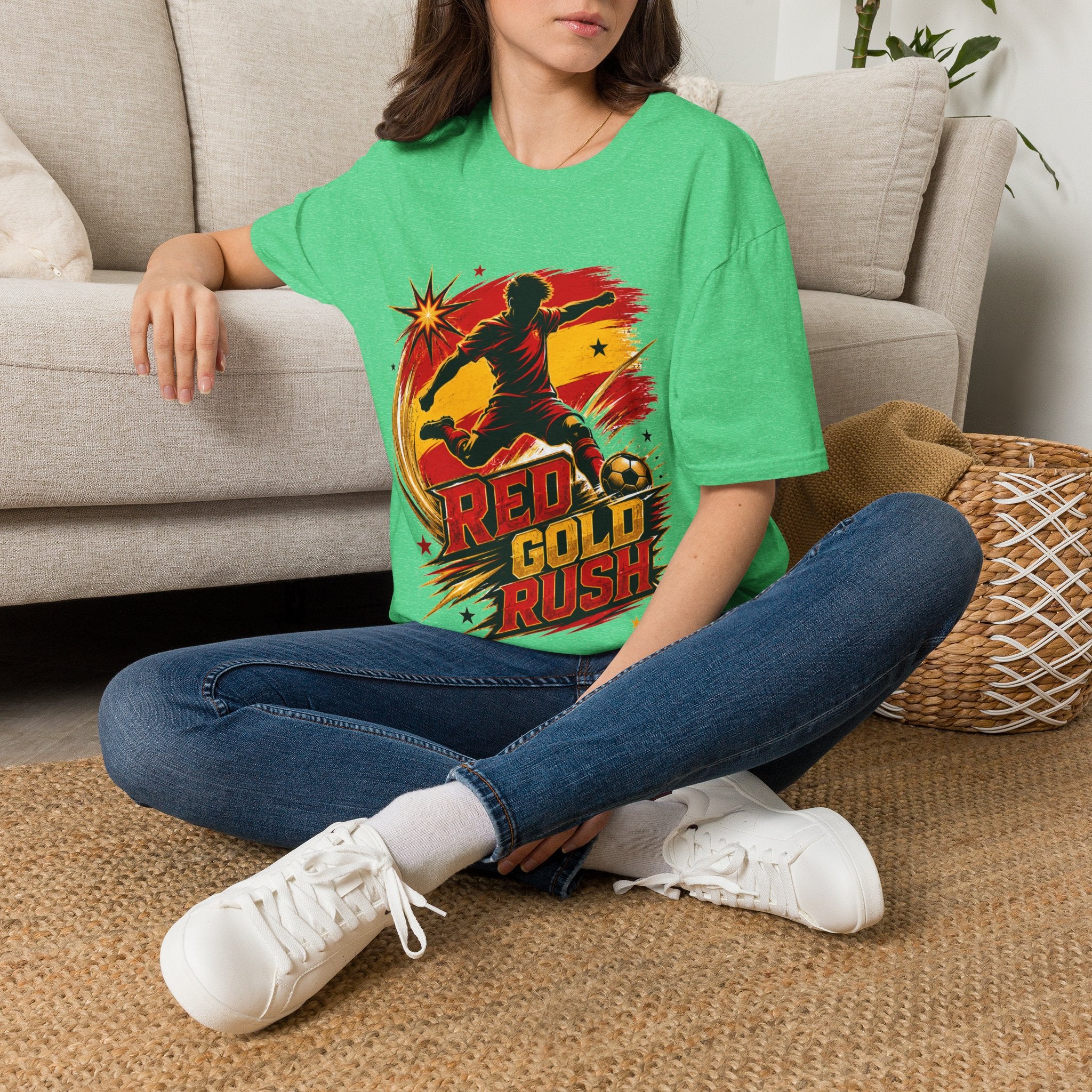 Spain Red & Gold Rush Soccer T-Shirt — Retro Soccer Player Graphic