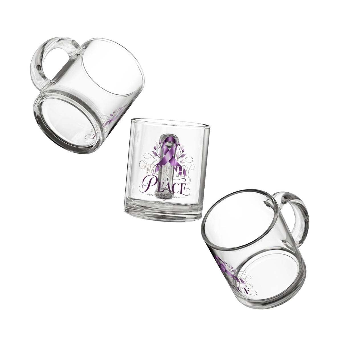 Glass Mug - "Worthy Peace" Purple Ribbon Domestic Violence Awareness Coffee Mug