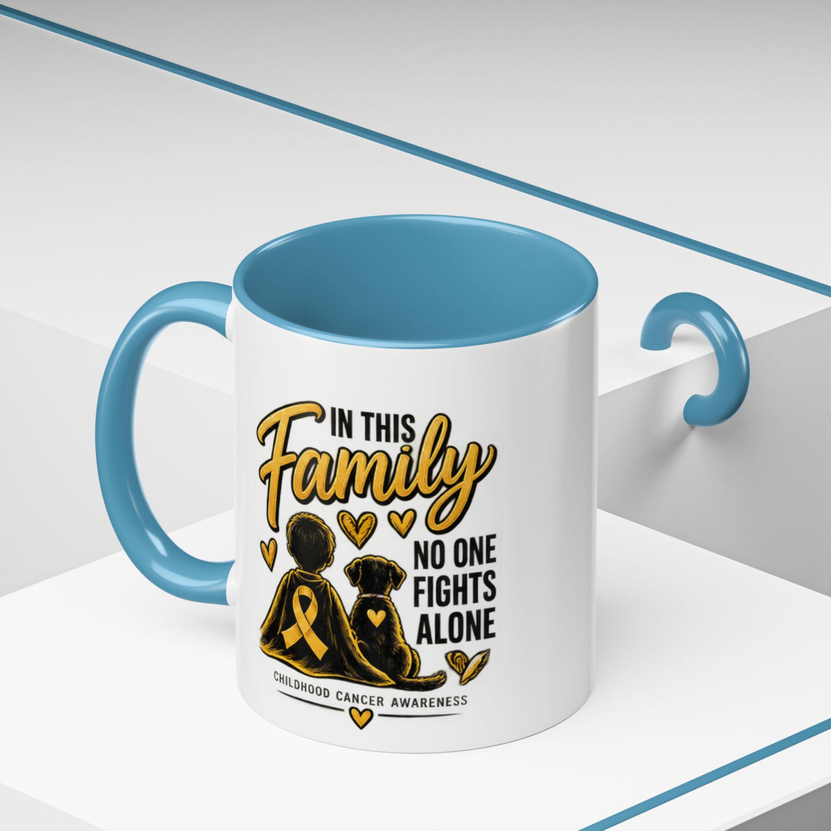 Childhood Cancer Awareness Coffee Mug — "In This Family No One Fights Alone"