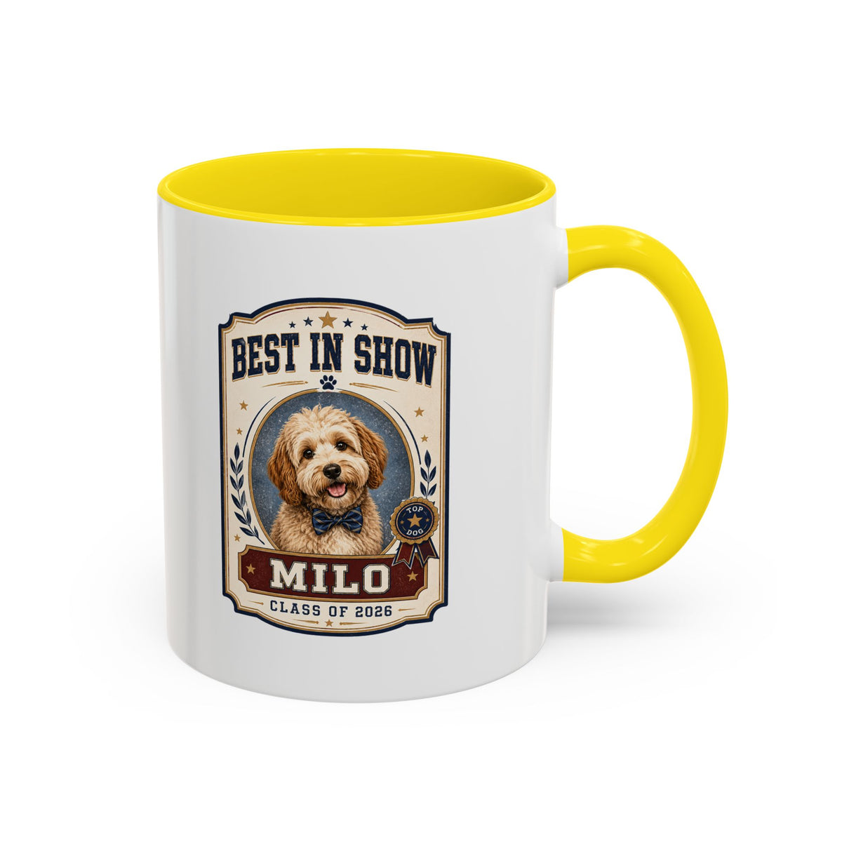 Milo Bailey Dog Dad Mom Best in Show Personalized Dog Mug — "Milo" Class of 2028 Accent Coffee Mug
