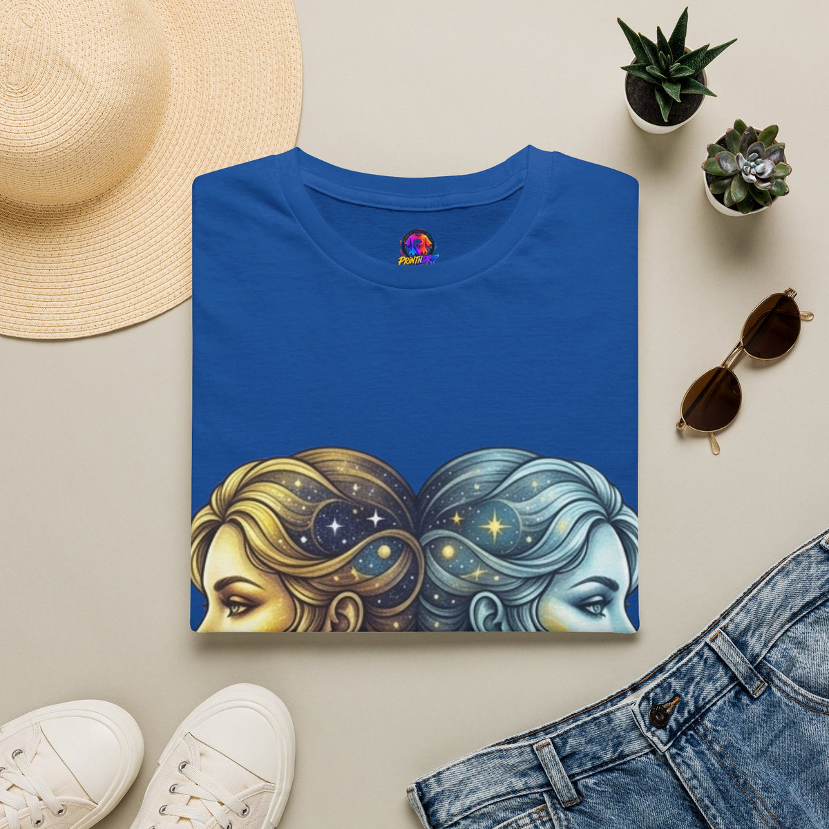 Zodiac Gemini Sun & Moon T-Shirt — Dual Faces Cosmic Design