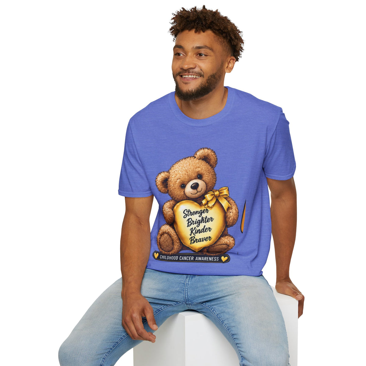 Childhood Cancer Awareness Teddy T-Shirt — "Stronger Brighter Kinder Braver"