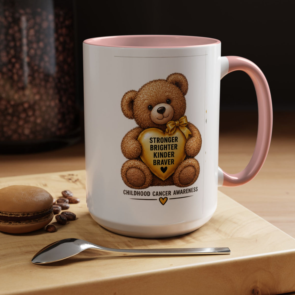 Childhood Cancer Awareness Coffee Mug — 'Stronger Brighter Kinder Braver' Teddy