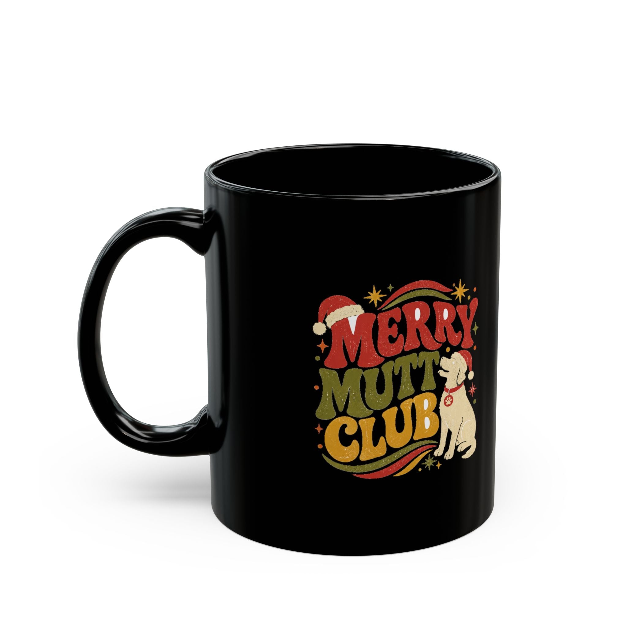 Modern Day Christmas Merry Mutt Club Black Coffee Mug – Funny Christmas Dog Lover Gift