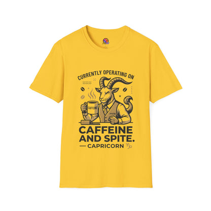 Capricorn T-Shirt — "Currently Operating on Caffeine and Spite" Zodiac Goat Tee