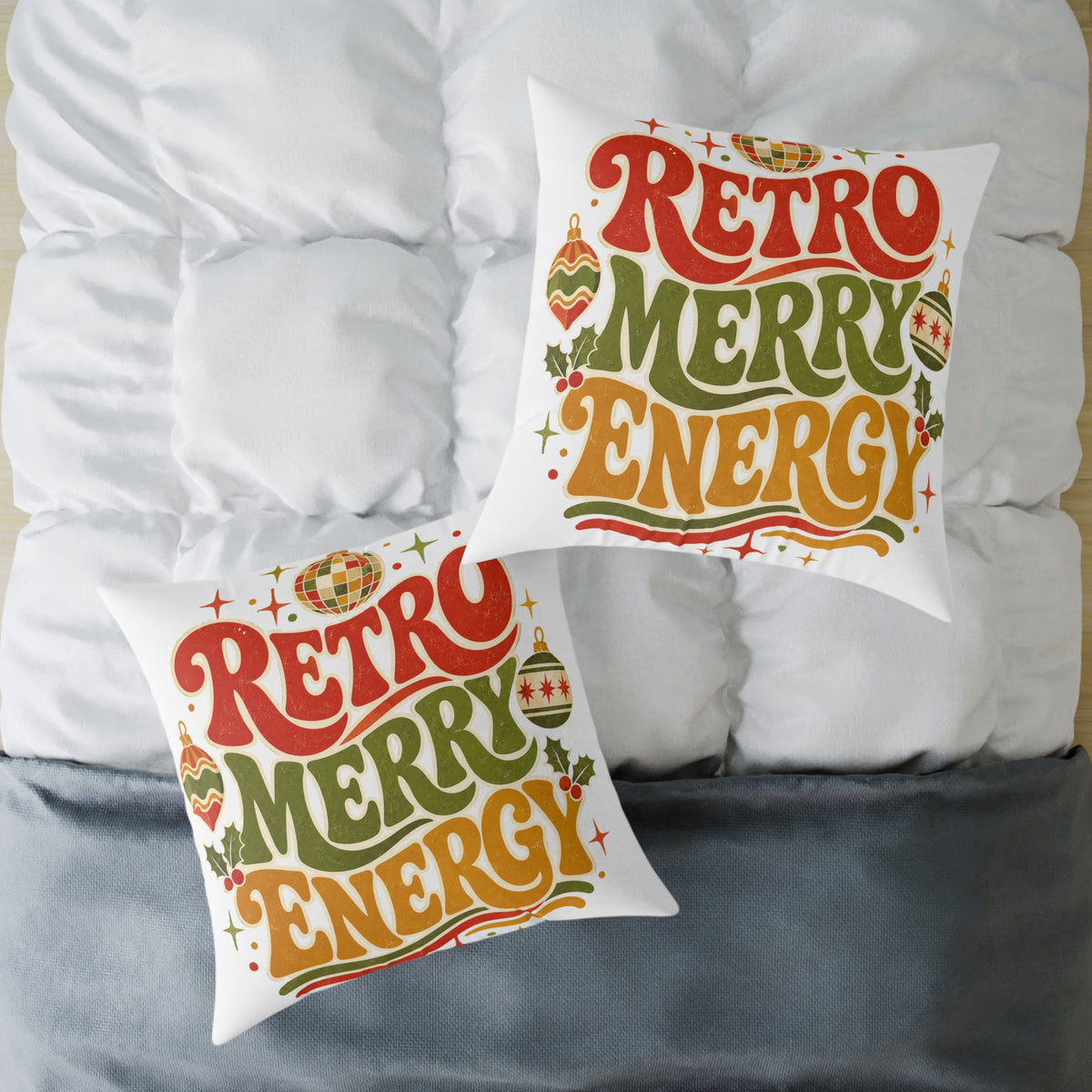 Retro Merry Energy Modern Day Christmas Pillow — Vintage Holiday Throw Pillow with Festive Typography