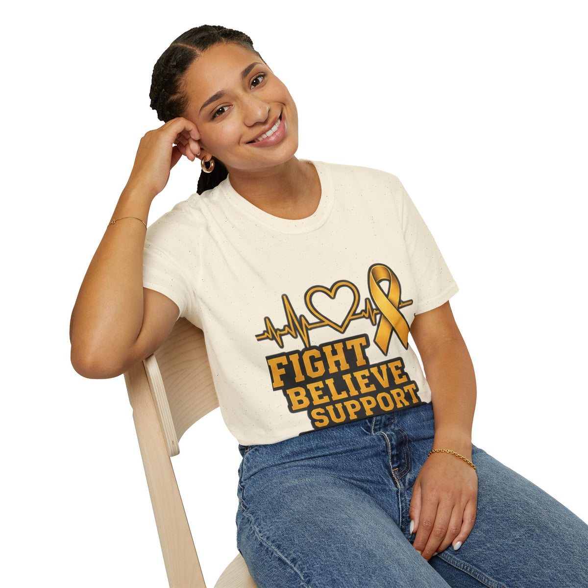 Childhood Cancer Awareness T-Shirt – "Fight Believe Support Never Give Up" Gold Ribbon Tee
