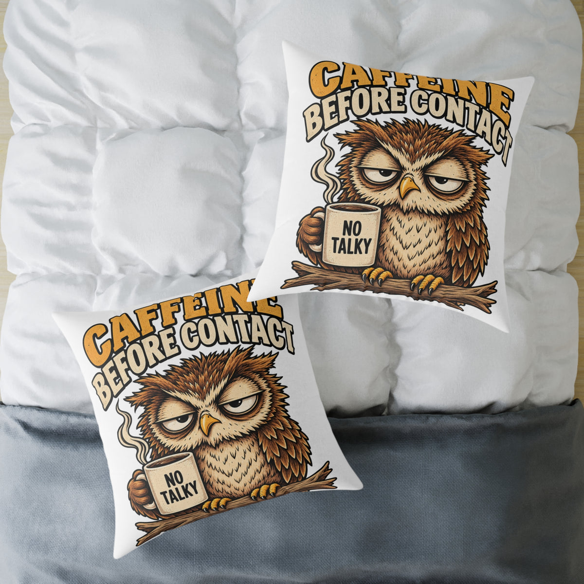 Caffeine Before Contact Owl Pillow — Funny Coffee Mug Graphic Throw Pillow