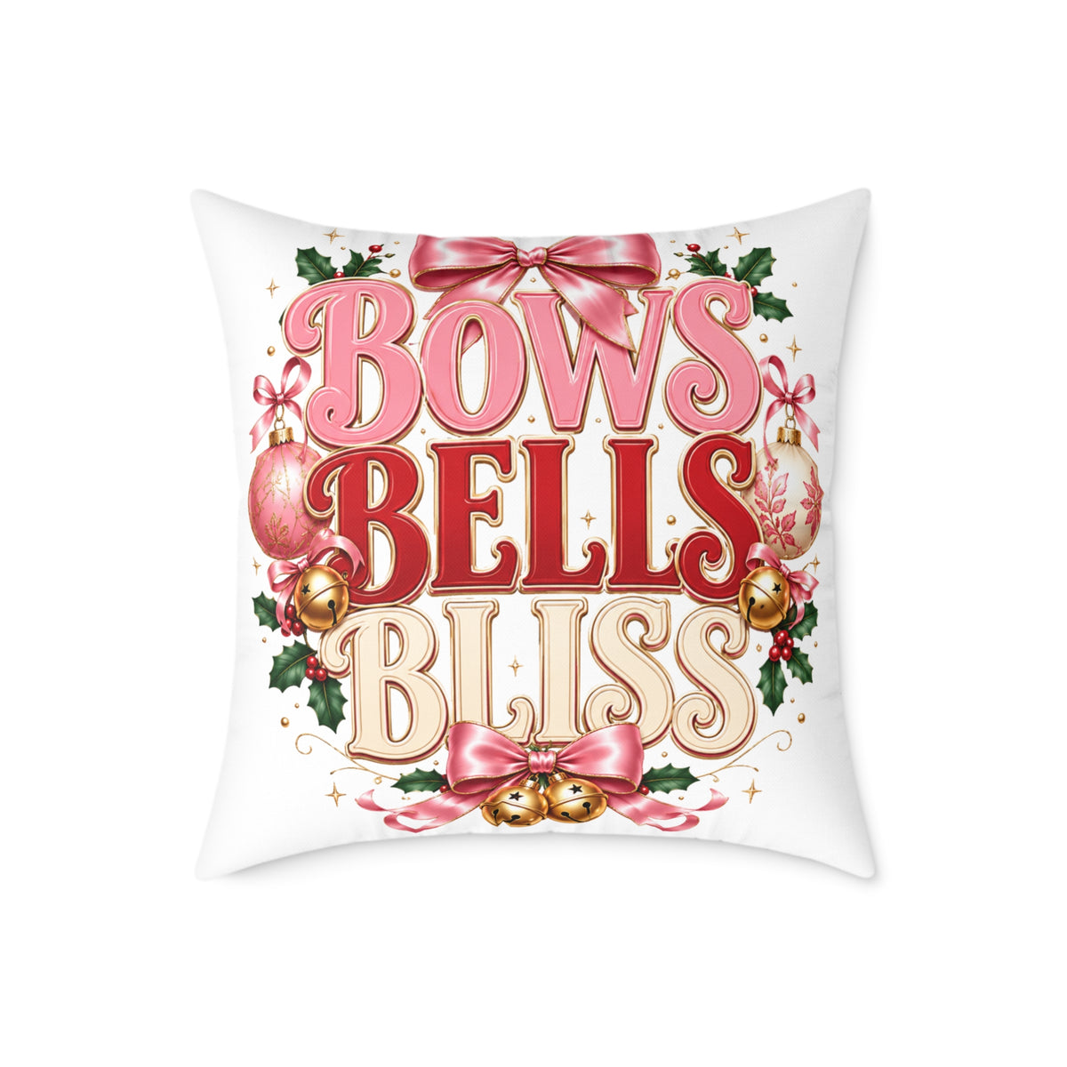 Bows Bells Bliss Christmas Square Poly Canvas Pillow