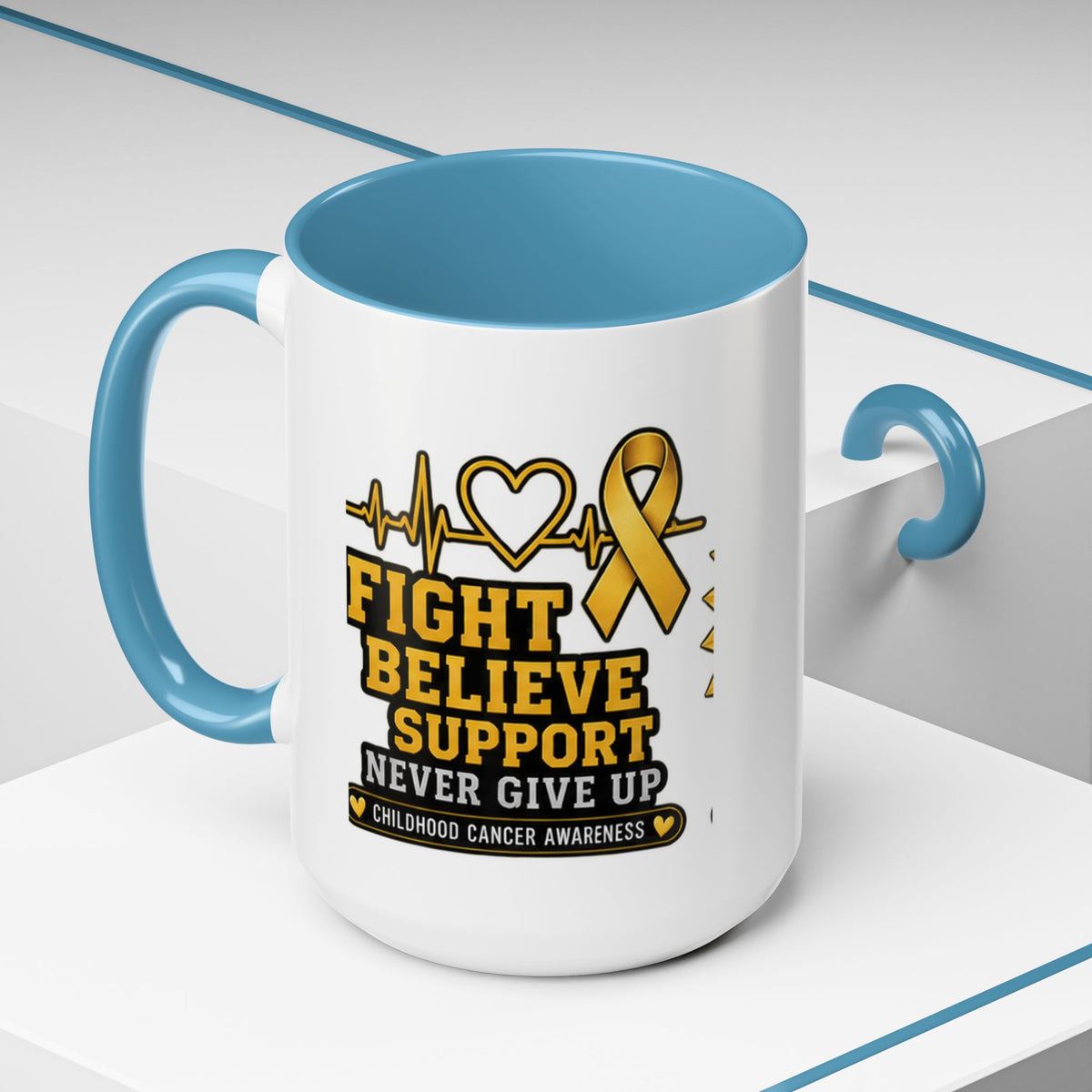 Childhood Cancer Awareness Accent Coffee Mug — "Fight Believe Support" 11/15oz