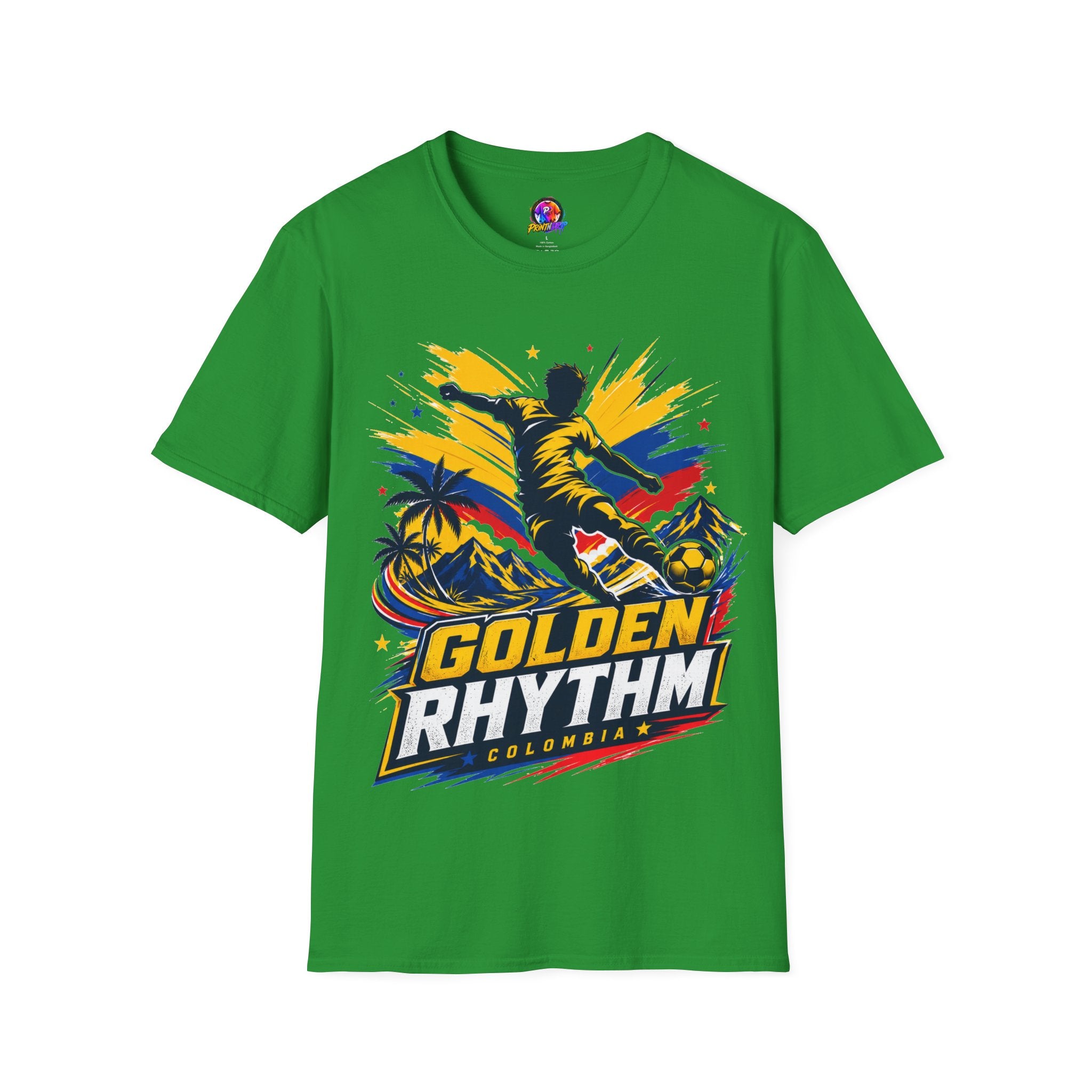 Columbia Soccer Player Graphic T-Shirt — "Golden Rhythm" Vibrant Beach Soccer Tee