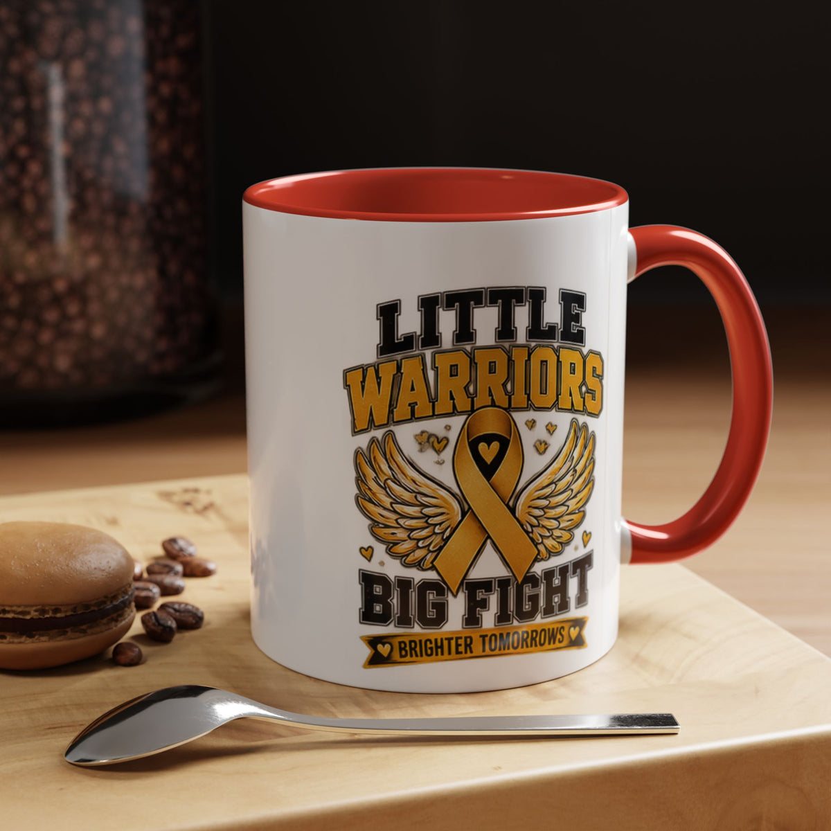 Little Warriors Big Fight Childhood Cancer Awareness Coffee Mug — Gold Ribbon Support Accent Mug