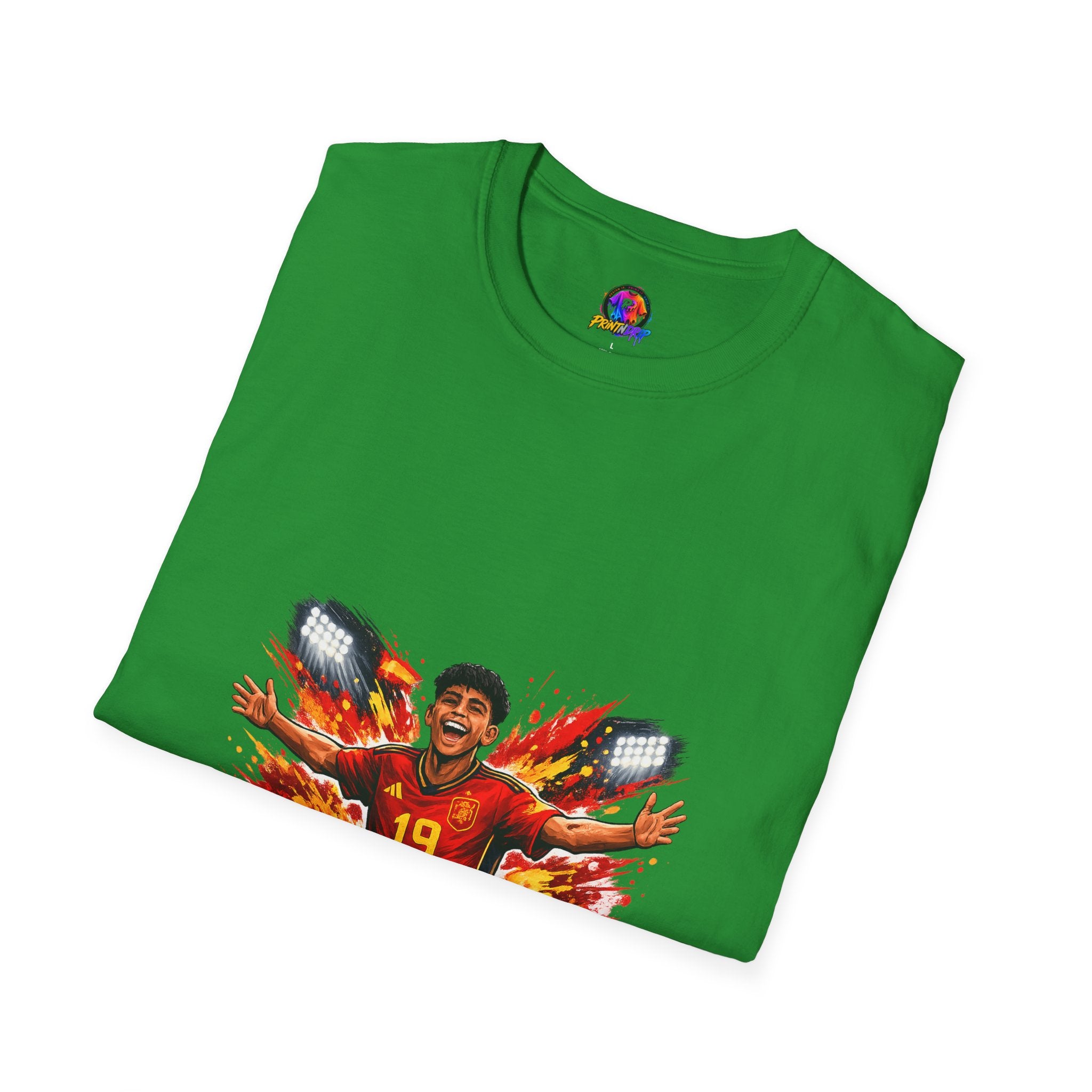 Spain Soccer Fan Portrait T‑Shirt – Fiery Goal Celebration Design