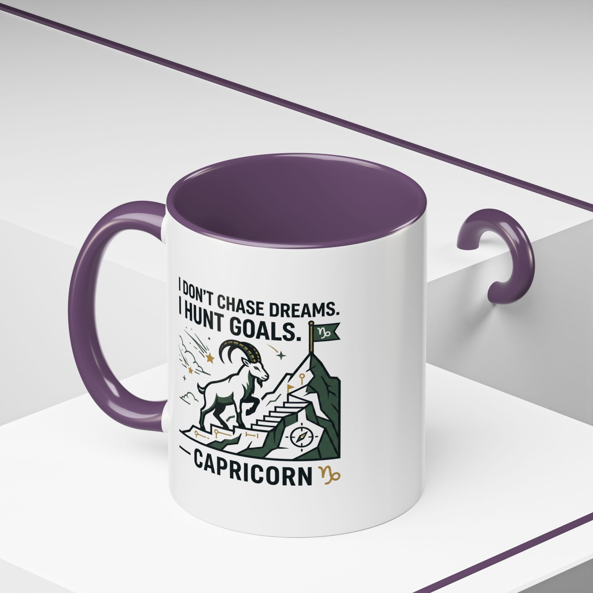 Capricorn Coffee Mug — “I Don't Chase Dreams, I Hunt Goals” Zodiac Accent Mug