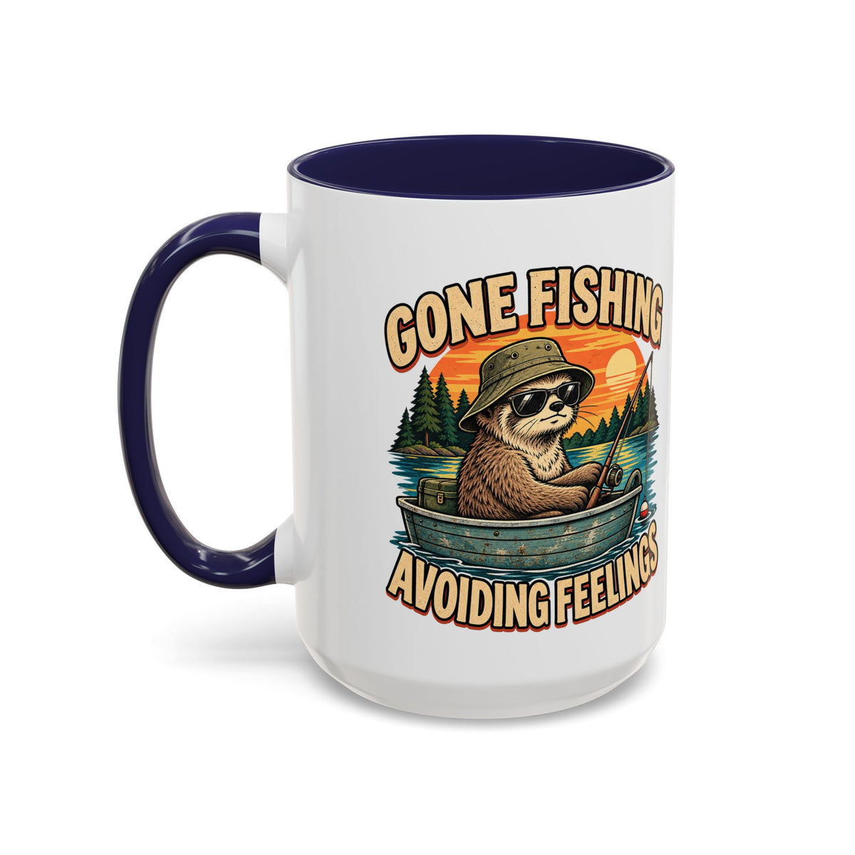 Funny And Witty "Gone Fishing Avoiding Feelings" Accent Coffee Mug (11, 15oz)