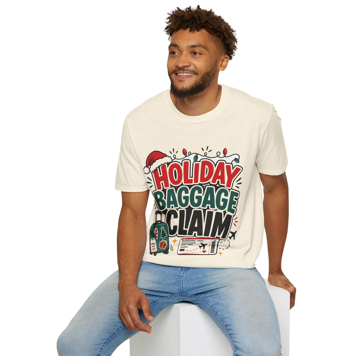 Holiday Baggage Claim T-Shirt — Funny Christmas Vacation Tee with Santa Hat & Lights