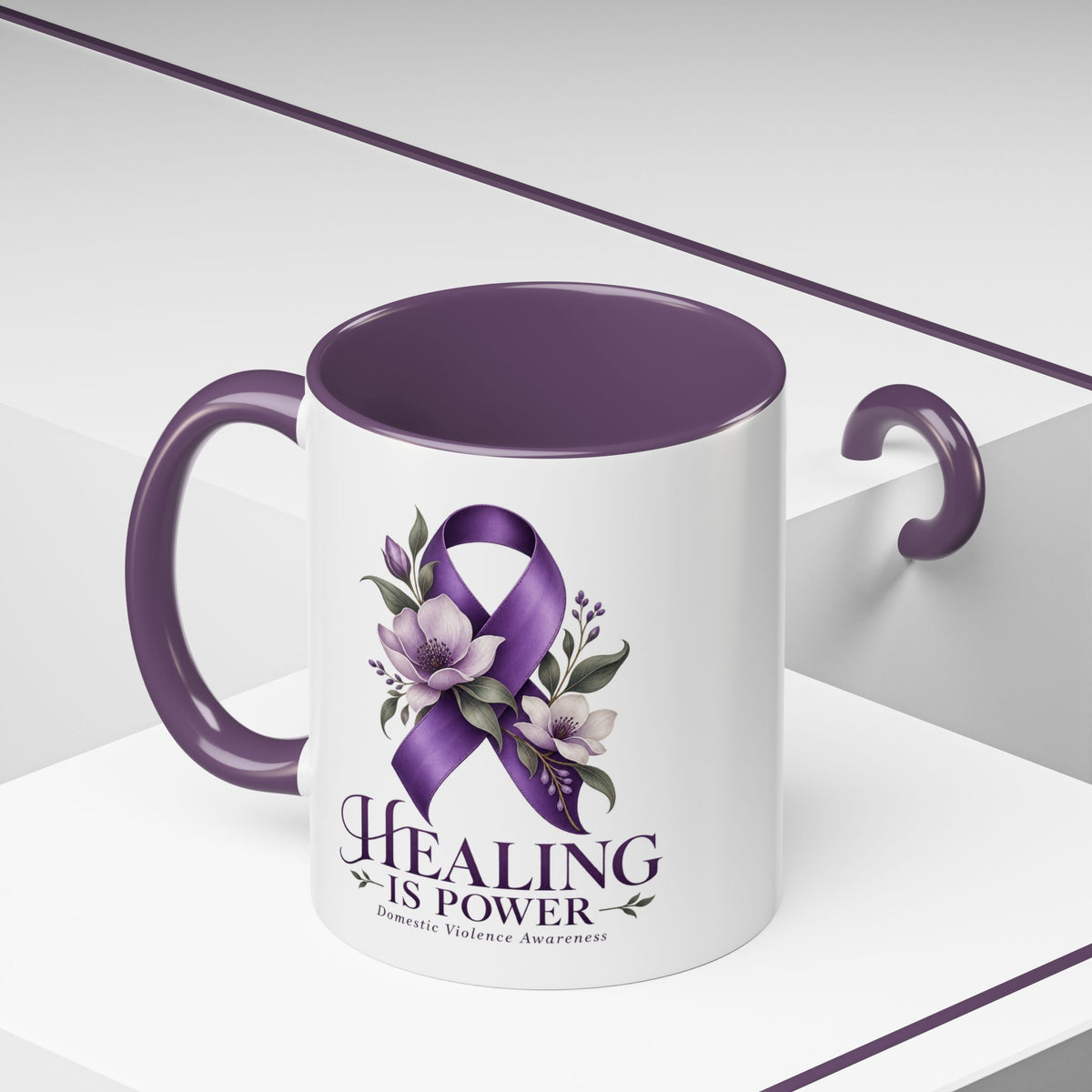 Healing Is Power Purple Ribbon Coffee Mug — Domestic Violence Awareness Accent Mug (11/15oz)