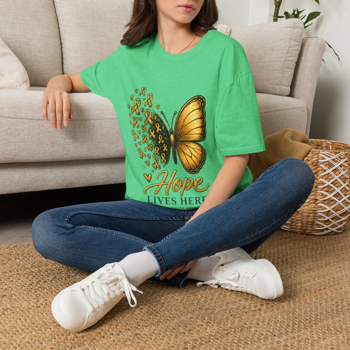 Hope Lives Here Gold Ribbon Butterfly Childhood Cancer Awareness T-Shirt
