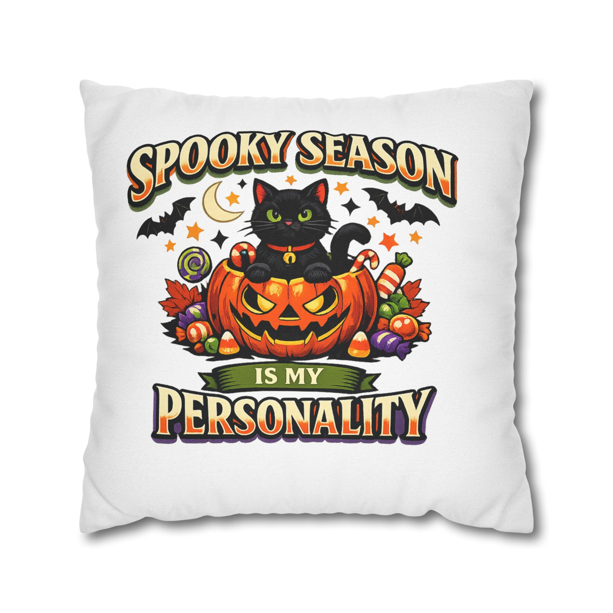 Halloween Pillowcase — "Spooky Season Is My Personality" Black Cat Pumpkin Decorative Pillow