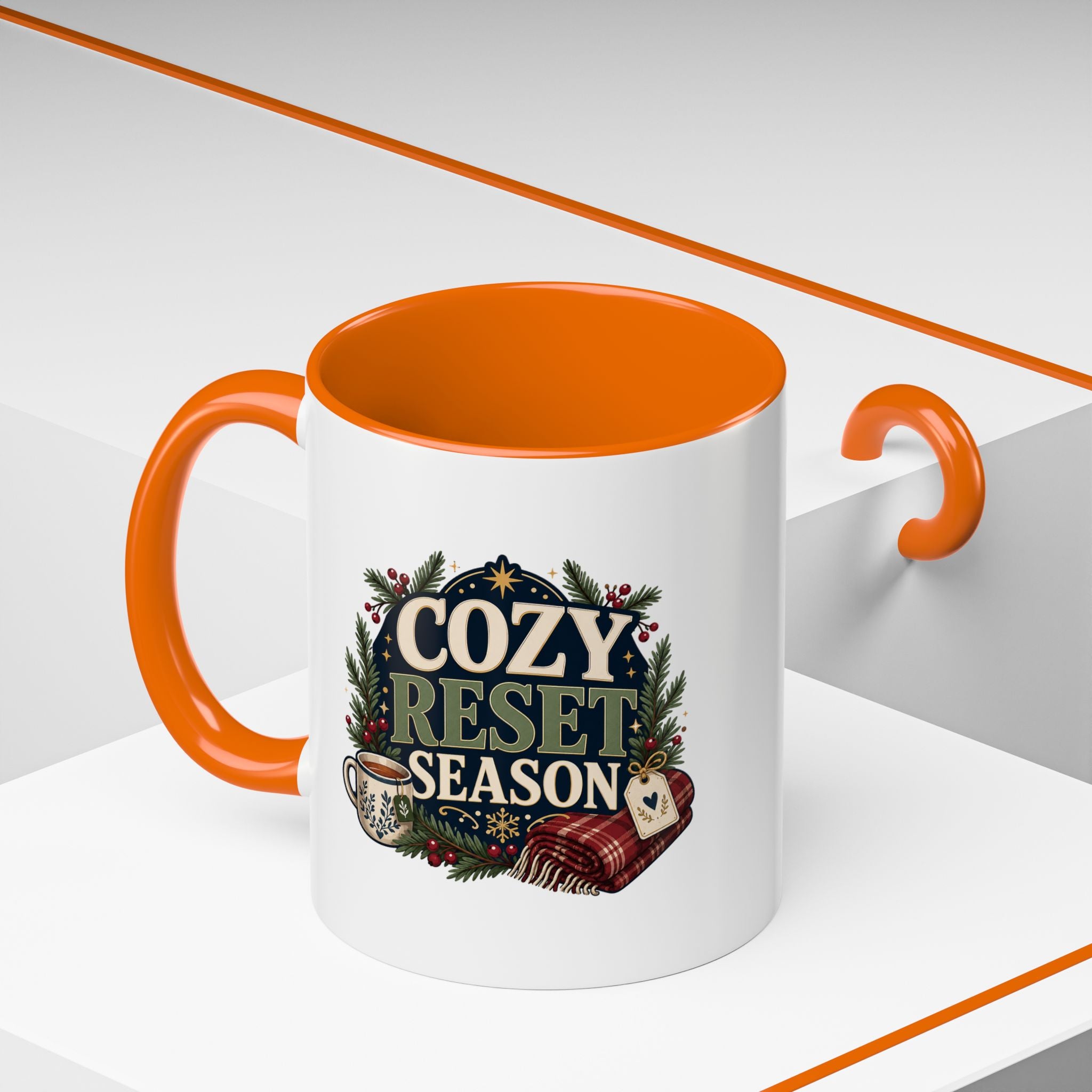Modern Day Christmas Cozy Reset Season Mug — Holiday Coffee Cup with Blanket & Tea Tag Design