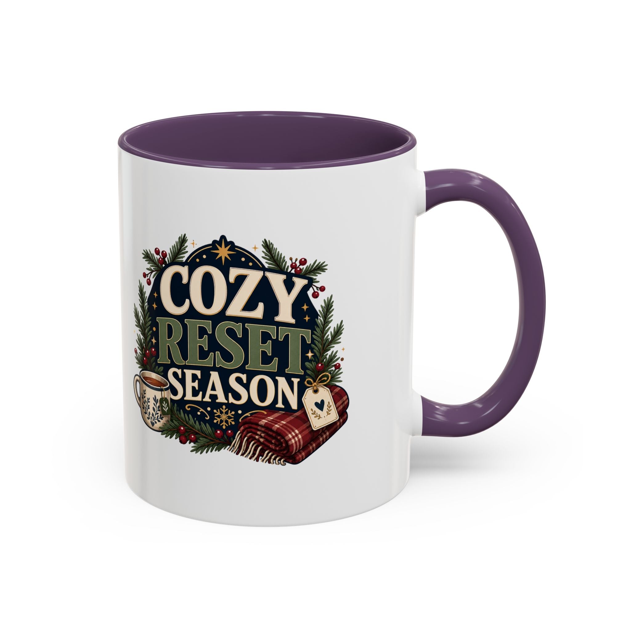 Modern Day Christmas Cozy Reset Season Mug — Holiday Coffee Cup with Blanket & Tea Tag Design