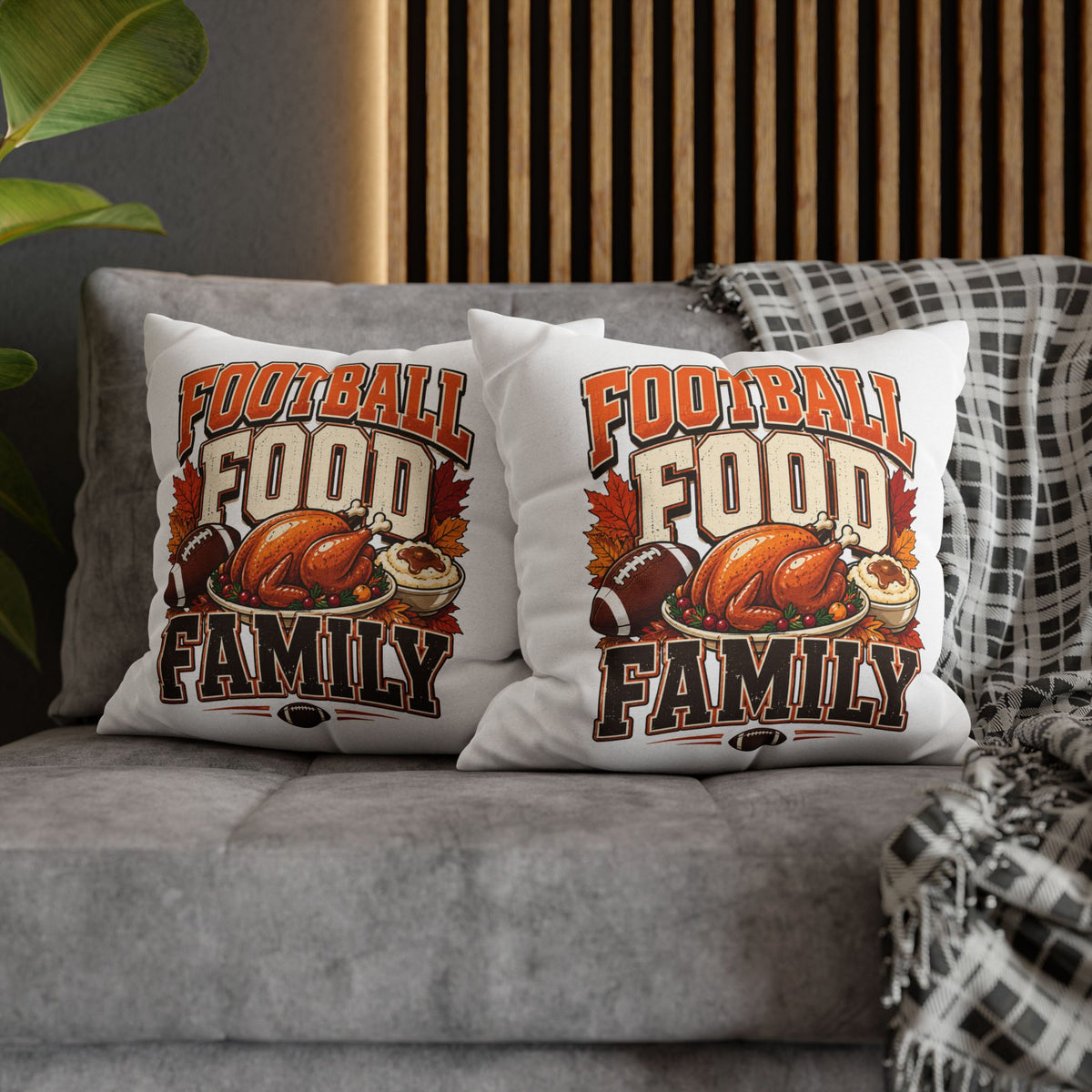 Thanksgiving Football, Food & Family Throw Pillowcase — Thanksgiving Game Day Decoration
