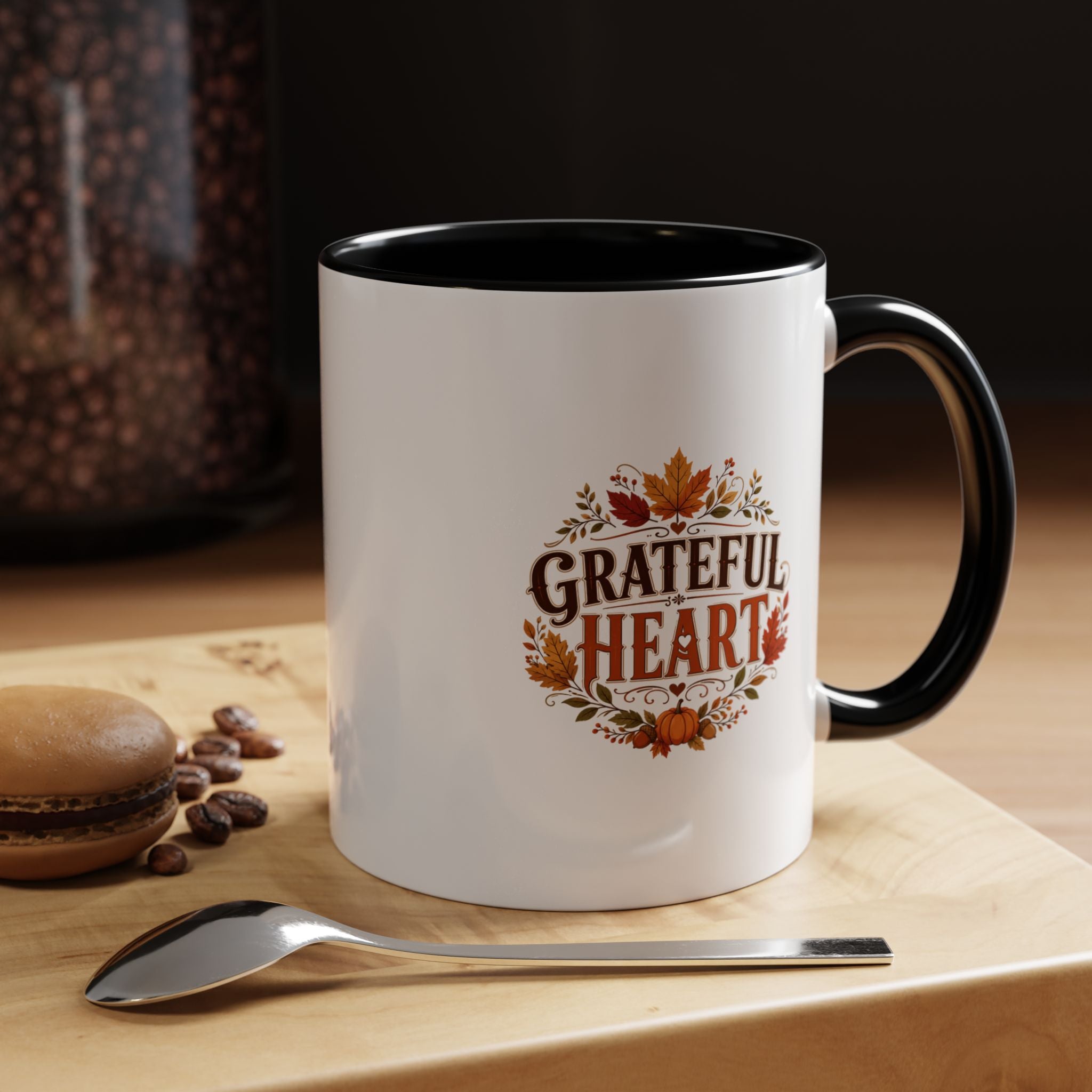 Thanksgiving Mug Grateful Heart Coffee Mug — Fall Leaves Pumpkin Accent Mug