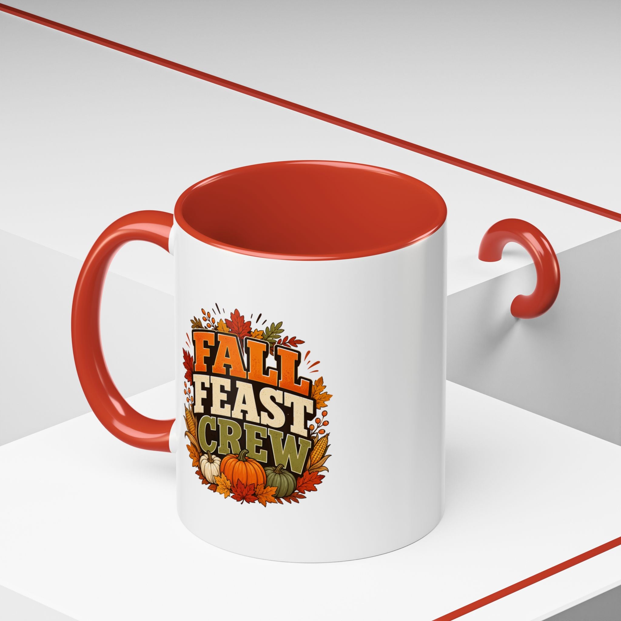 Thanksgiving Mug Fall Feast Crew Coffee Mug — Autumn Pumpkin & Leaves Accent Mug