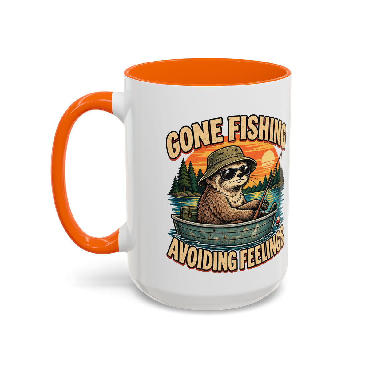 Funny And Witty "Gone Fishing Avoiding Feelings" Accent Coffee Mug (11, 15oz)