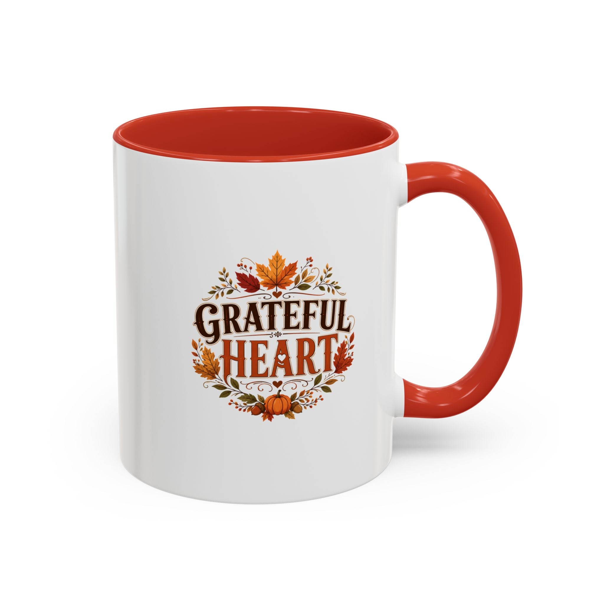Thanksgiving Mug Grateful Heart Coffee Mug — Fall Leaves Pumpkin Accent Mug